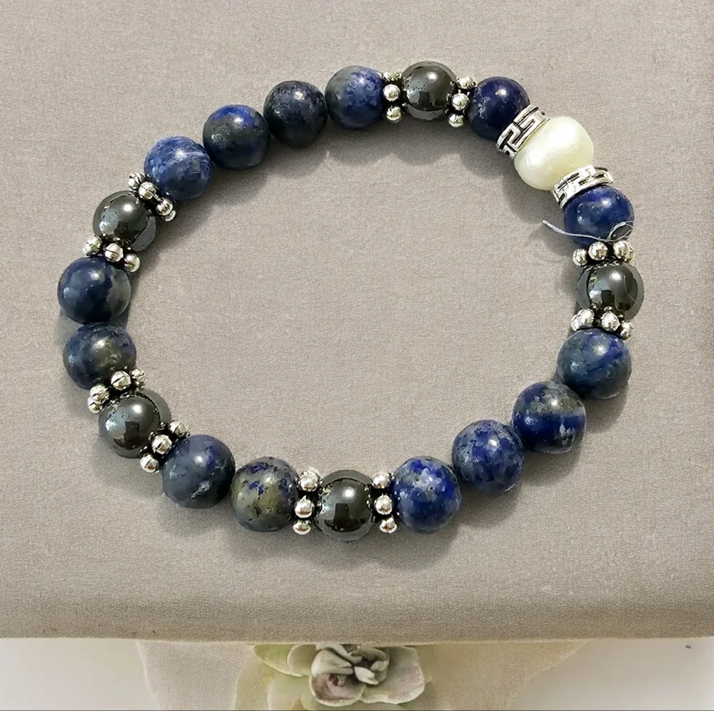 Handmade Lapis Lazuli & Hematite Bracelet with Freshwater Pearl — “The Diana" - Picture 1 of 1